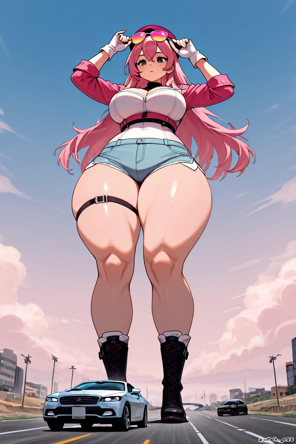 masterpiece, best quality, absurdres, very aesthetic, 1girl, (black hair, long hair, detailed hair, cat ears, pink eyes, pink hair ribbons:1.2), (casual wear, yellow t shirt, pink shorts:1.2), (thin clothes, undersized clothes, taut clothes, stretched clothes, extremely tight clothes, skindentation:1.3), outdoors, (curvy, extremely slim waist, flat belly, bottomheavy, gigantic thighs, extremely wide hips:1.1)