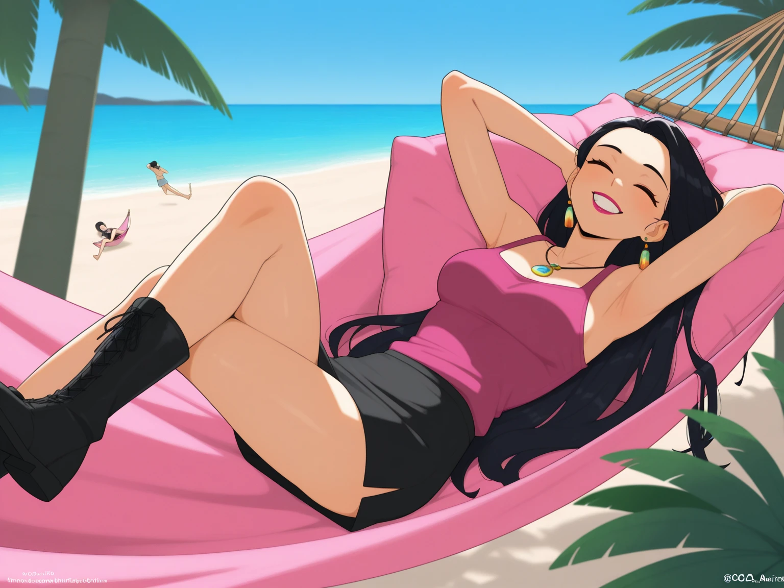 (masterpiece,best quality),1girl,hlmcorey, <lora:HLMCoreyAnimagine:0.9>,full body,sitting on beach chair,in bikini,eyes closed,relaxing