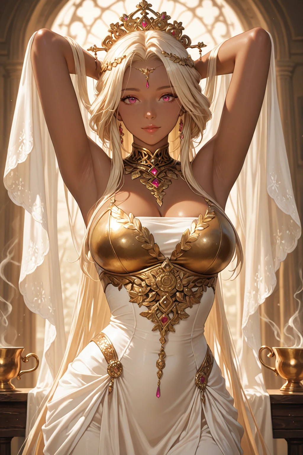 Sexy a beautiful hindu goddess, detailed face HD, piercing eyes, full lips, long flowing white and golden dress, holding a trishul, a majestic lion nearby, intricate jewelry, glowing ethereal aura, highly detailed, photorealistic, dramatic lighting, vibrant colors, ornate background, digital art HD