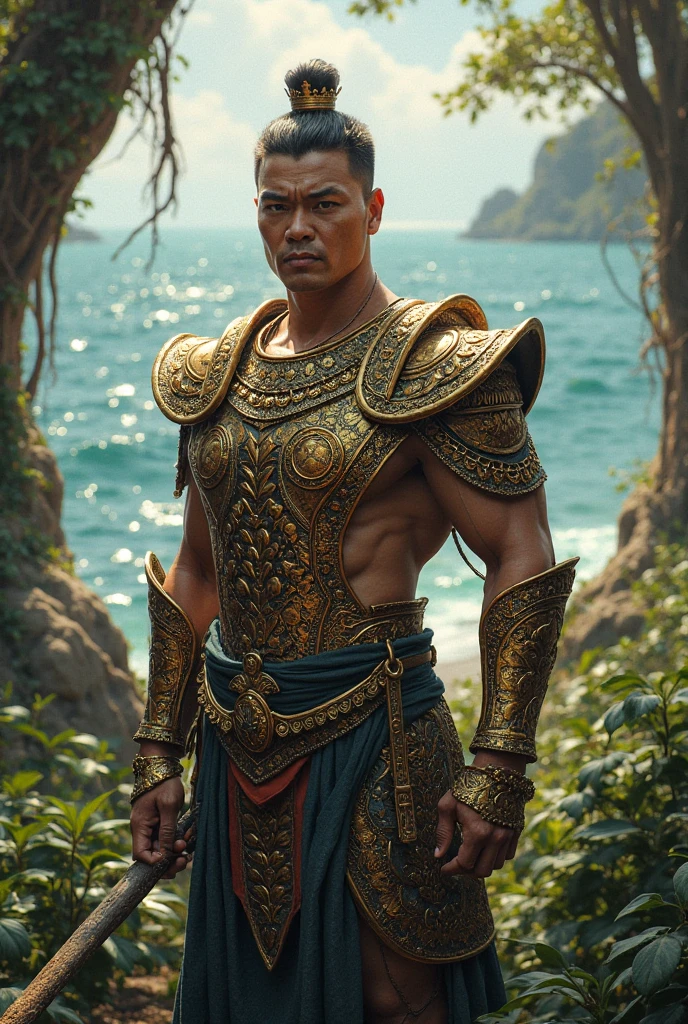Extremely detailed close-up portrait of Lac Long Quan, a legendary male god in Vietnamese mythology, photographed from the waist up. A handsome face with strong features, sharp eyes shining with supernatural power, seeing through the human heart. Long, flowing black hair with interwoven iridescent scales. Majestic dragon horns protrude from the forehead, curved and shiny. Muscles rippling with supernatural power, skin with a texture resembling delicate dragon scales. Wearing an elaborate gold necklace decorated with gemstones that glow with an inner light. In his hand, he holds an ancient, unusual weapon - perhaps a trident or a sword - that radiates mystical, mythical energy. The god Lac Long Quan stands tall and majestic, a colossal figure of a god-like presence and supreme power of the Vietnamese people. His pose exudes power and confidence, dominating the frame, dominating the dark, chaotic world. Behind him, a stormy seascape with huge waves crashing violently, the sky is dark and ominous, filled with swirling storm clouds and flashes of lightning. The entire scene conveys a sense of his epic scale and divine power. Rendered in a surreal digital art style with dramatic lighting to enhance the intense atmosphere and highlight the divine appearance of Lac Long Quan. The image emphasizes the contrast between the calm, powerful demeanor of the god Lac Long Quan and the chaos of the elements around him that have been conquered and subdued.