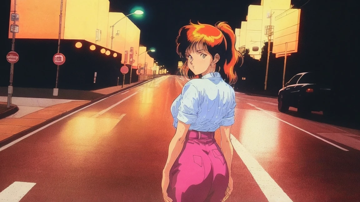 1girl, clavicle, impossible clothes, standing, masterpiece, best quality, extremely detailed 8K wallpaper, tight skin, ultra detailed, volumetric lighting, best anatomy, detailed blue eyes, beautiful eyes, best shadow, ultra detailed, day sunny, city, green hills, wind, flying pink leaves, road, dark_skin, dark-skinned_female, retro_artstyle, 1990s_(style), short straight hair