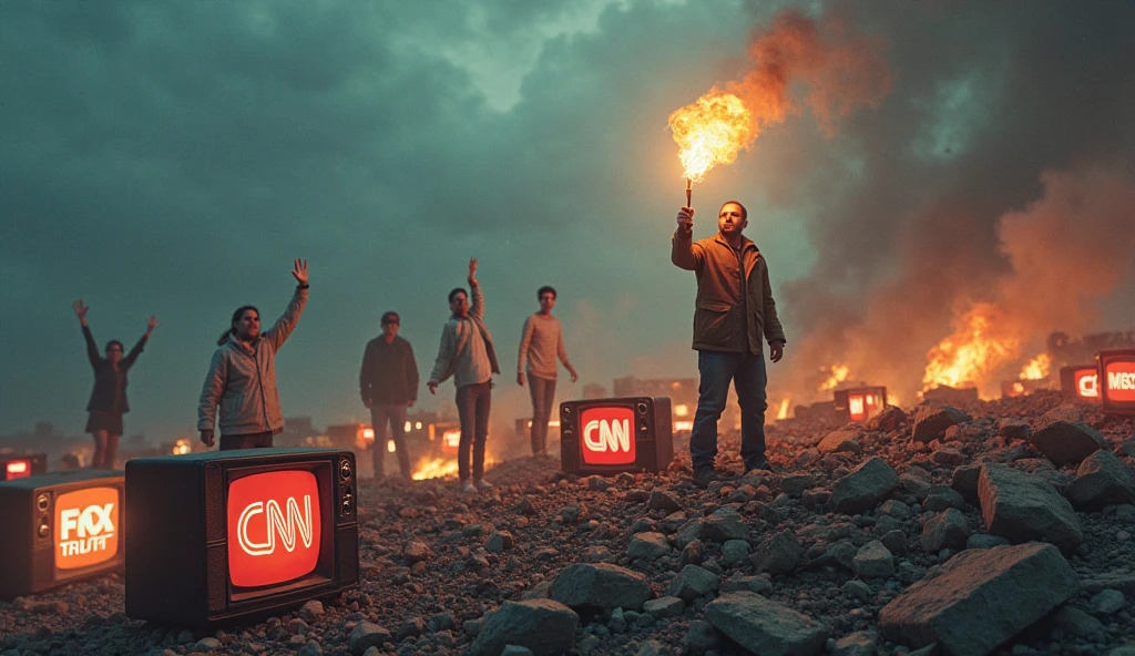 A heavy barrage of missiles falls amidst sand and rubble from destroyed buildings. Five massive atomic bomb explosions erupt, while powerful lightning cracks across the sky, illuminating red clouds.  A tattered cloth bearing the image of Israel lies ripped and torn on the ground. Five Israeli citizens, two women and three men, sit weeping on the ground near a rug displaying the Israeli flag.  The remains of a building lie flattened, reduced to dust that billows into the air. An aircraft carrying bombs soars overhead. 