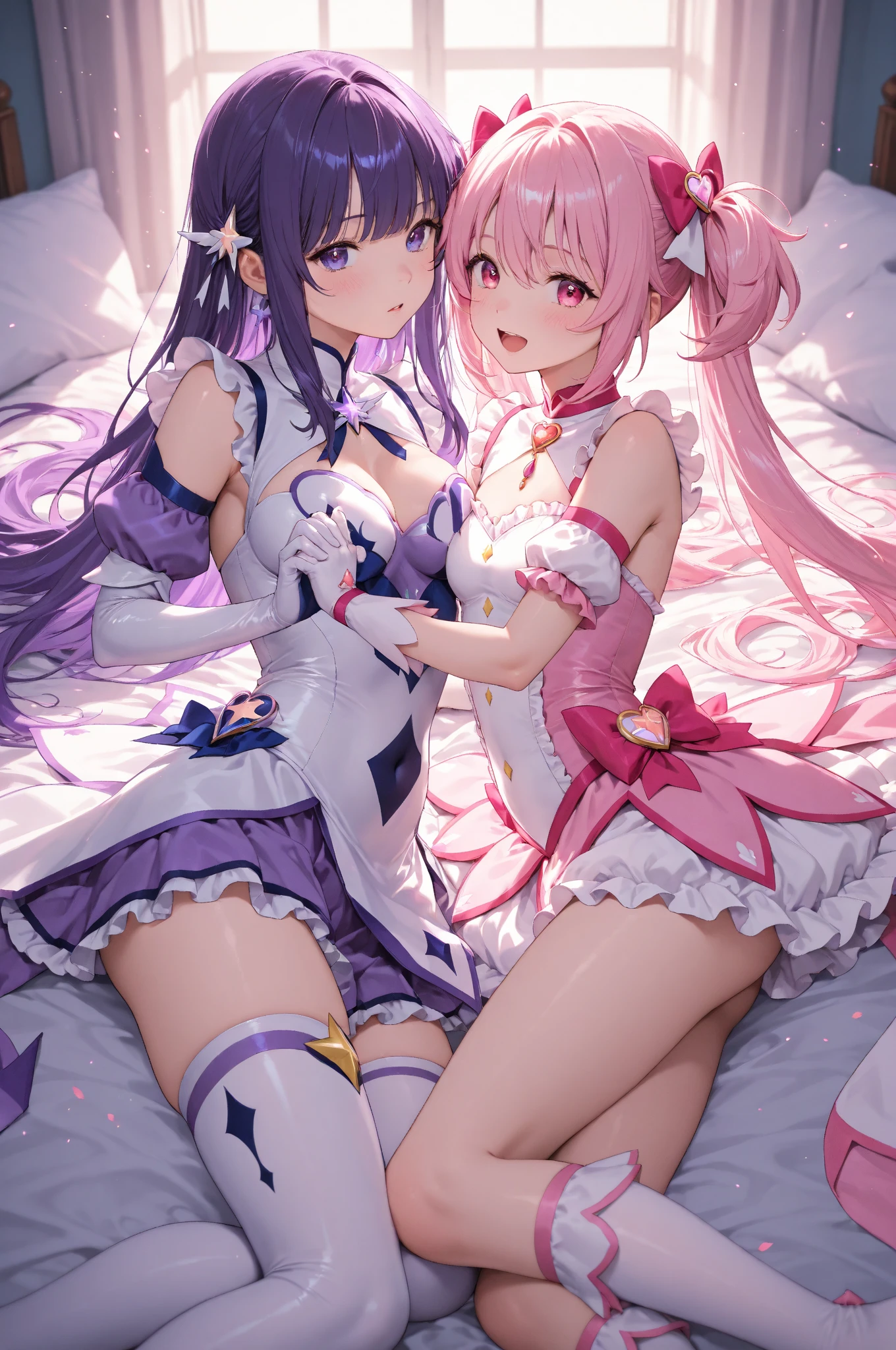 high quality, masterpiece, ultra-detailed, 2 loli girls, peaceful expression, beautiful and cute, shiny skin, long hair, enchanting eyes, sitting on bed, yuri, Valentine's Day balloons, lingerie, frills, bows