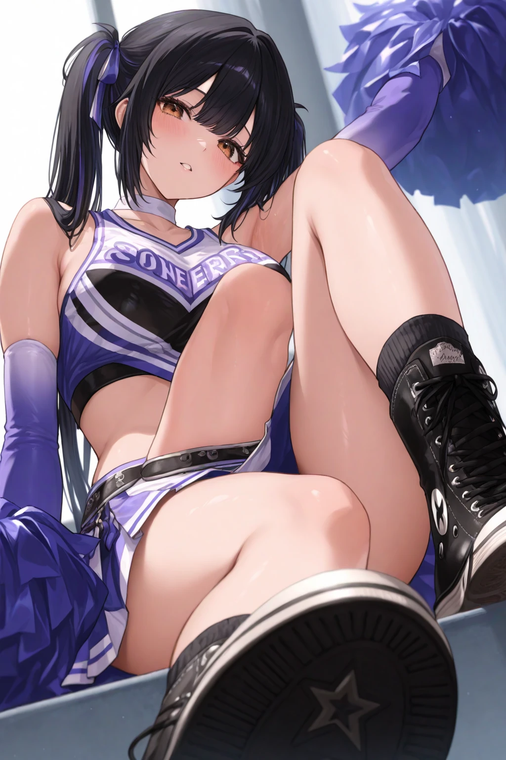 (masterpiece)、(Best image quality)、(Very detailed)、(Very detailed)、4K、(8K)、Best image quality、(beautiful), 1 Girl,,Huge breasts、Thick thighs,smile、Noise Reduction、Emphasis on the crotch、Breast Augmentation,(Black Pantyhose:1.2),(Cheerleader:1.2),The chest is exposed,(nsfw :1.3) ,Leg spread,pubic hair,Crouching,(Penis insertion:1.3)