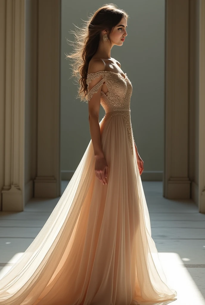 Brazilian woman from Rio de Janeiro with the . Zulmira

Costume: A modern-cut midi dress, perhaps with a structured silhouette but made of a light and fluid fabric, like chiffon or silk. The dress can be predominantly in a neutral tone like gray or beige, but with lace details or strategic transparencies that suggest her fragility and desire to feel special.
props: A small, worn clutch, that she carries with the feeling that it's a luxury item, and a translucent shawl that she constantly adjusts, symbolizing her search for protection and status.. fully body 