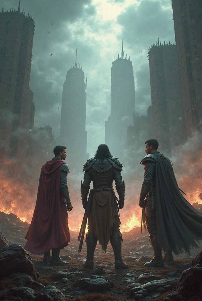 The cover should show an epic and chaotic scene. Ao fundo, we have a destroyed view of Mount Olympus, with broken pillars, buildings collapsing and flames devouring the divine structure. The sky is a mixture of red and black, with clouds of smoke and lightning crossing, symbolizing chaos. to the left, we see the ruin of Camp Half-Blood, with Half-Blood Hill and Thalia's Pine Tree in flames, surrounded by debris. Ao centro, Percy Jackson, holding his sword Riptide. hovering in air, right above Percy, like a sinister shadow, The King of Chaos stands, a hooded figure with eyes glowing with power, almost hidden in the darkness. To the right and left of the King of Chaos, we have the Knights of Chaos in a combat stance. Each represented according to their respective colors and powers, exuding an aura of threat, in the 600x400 format and using the art of the Percy Jackson covers.