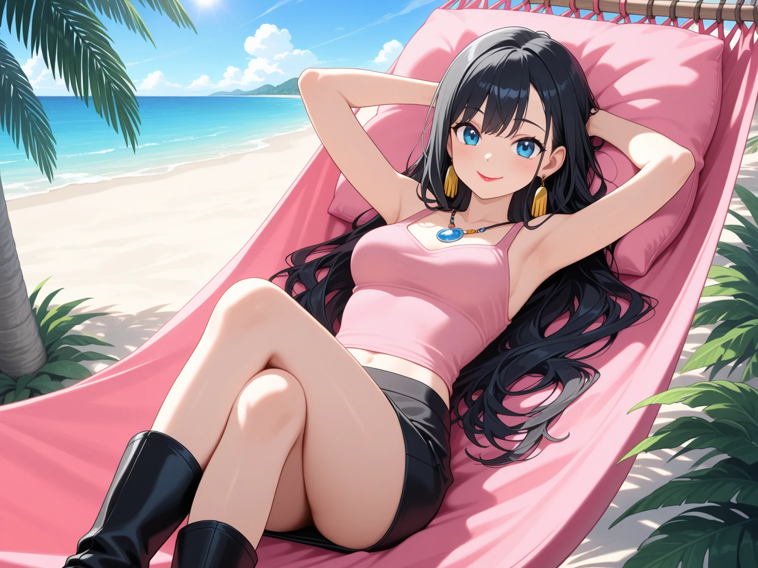 Black hair, blue eyes, long hair, girly, big breasts,, criss-cross swimwear, blushing, long legs,, pinching breasts with one hand, sitting on the beach