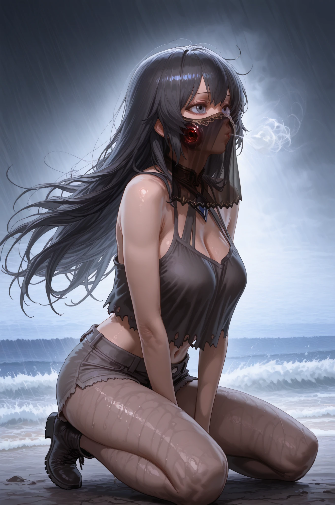 Highest quality, Dark skinned female warrior,Long black hair, Red eyes,  (Small breasts), Wearing a white bikini,(((Injury))),(((Are crying))),(((Captured by a monster))),(((Pet poses)))