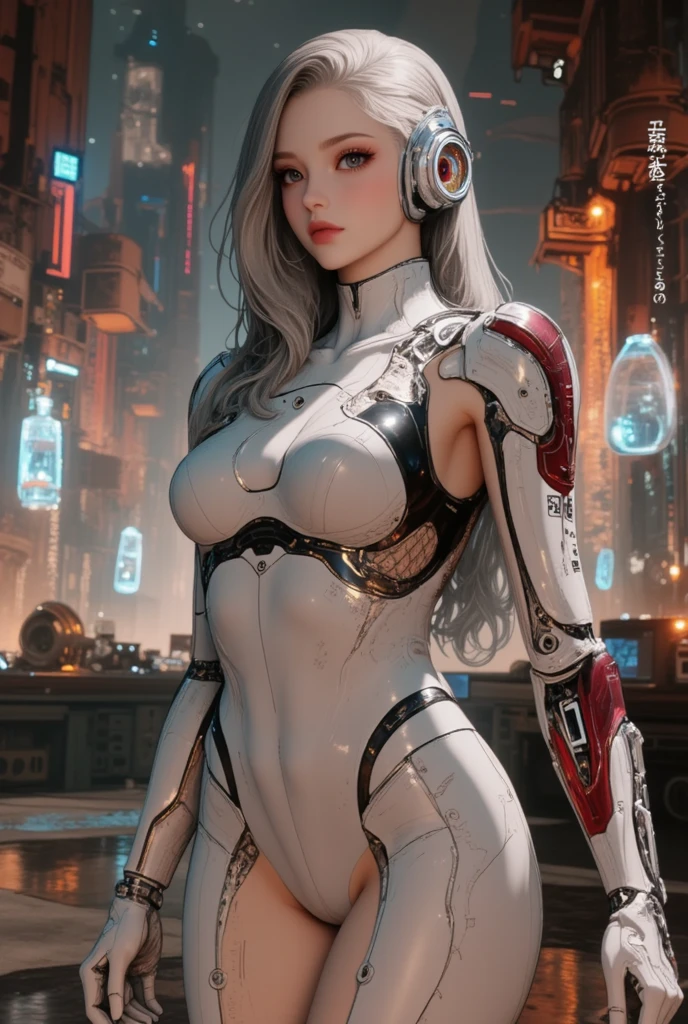 ((best quality)), ((masterpiece)), ((realistic)), (detailed), (photorealistic:1.5), a futuristic girl, (thick body), (white bodysuit), lights on armor, cybernetic headwear, looking at viewer, dynamic pose, post apocalyptic, destroyed city background, buildings on fire, science fiction, hdr, ray tracing, nvidia rtx, super-resolution, unreal 5, subsurface scattering, pbr texturing, post-processing, anisotropic filtering, depth of field, maximum clarity and sharpness, rule of thirds, 8k raw, (luminescent particles:1.4), (extremely detailed cg, unity 8k wallpaper, 3d, cinematic lighting, lens flare), reflections, sharp focus, cyberpunk art, cyberpunk architecture,