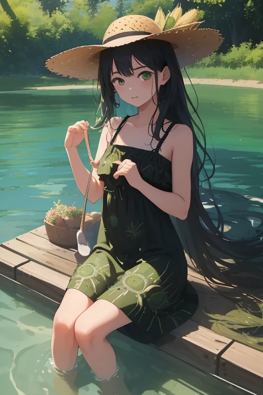 Pretty little sister，Long hair，red swimwear，Colored eyes，In the rainforest、Wet overall，The surrounding bamboo leaves are green、cicada、the trees、foliage、grassy、Fruit、rays of sunshine、favour
