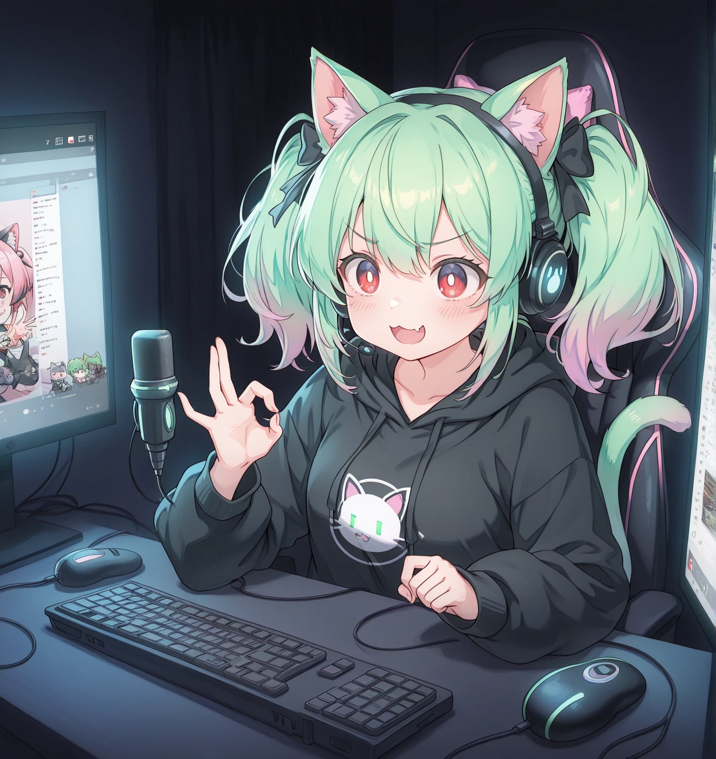 A cute virtual girl with yellow-green hair and wearing cat ear headphones is wearing a black hoodie and sitting on a gaming chair