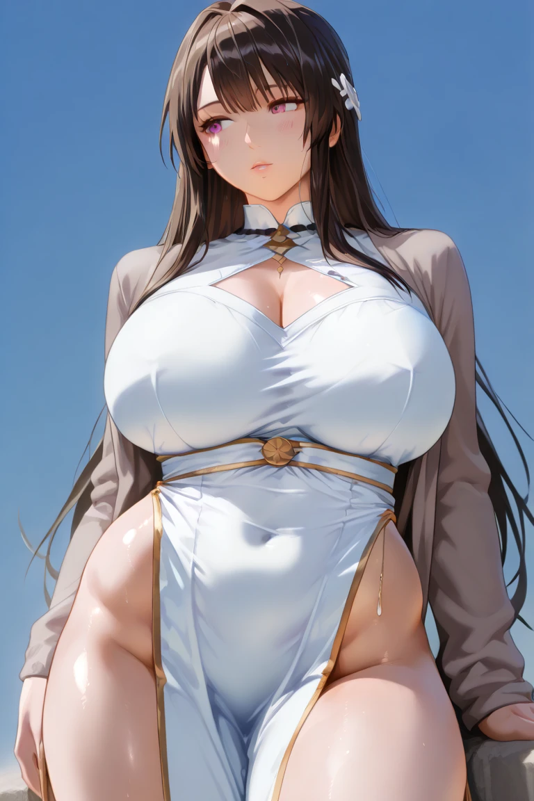 (Masterpiece, High Quality, Top quality, High-Detailed, Detailed CG, Cinematic Shadow, Cinematic Scene, Beautiful Detailed Eyes, Ultra Resolution, Depth of Field), (Full Body View), (Full Body Shot), Looking At The Audience, (Blush Expression:1.2), (Smiling Expression:1.2), (Erotic Expression:1.0), (NSFW:1.2), Yellow Eye, Black Hair, Five Fingers, Two Hand, Good Composition, Curvy, (White Dress), (Long Sleeves), (Long Dress), (See-through Dress), Thicc Thighs, Thick, Large Breasts, Huge Breast, Outdoors, Dark Theme, Dark Atmosphere