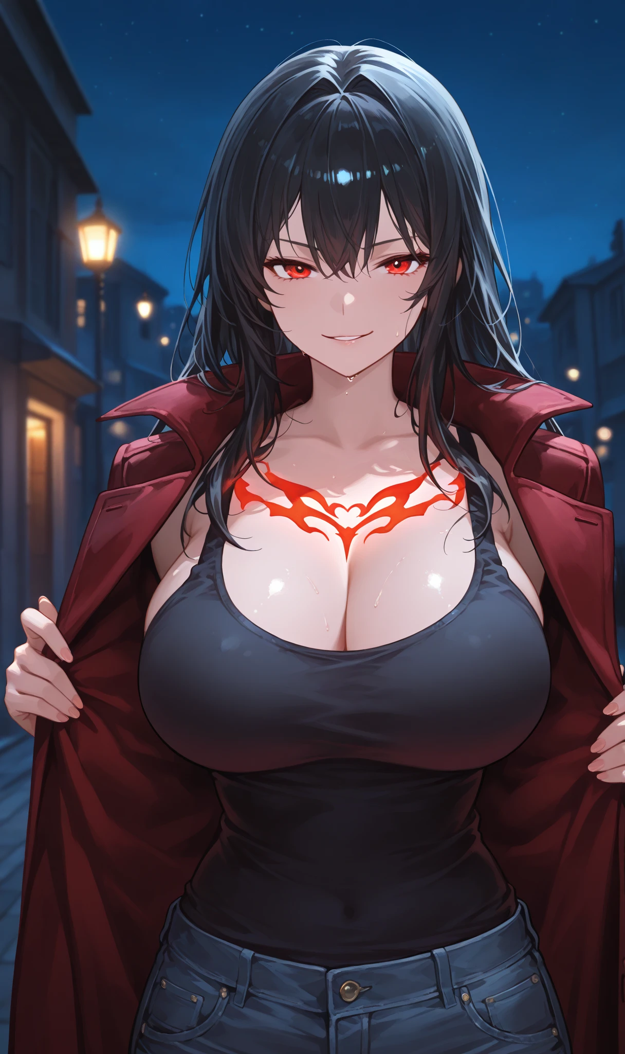 A huge, blood-red full moon peeked through the clouds. A beautiful, busty, mature vampire woman stepped onto the balcony in a crimson-lined, jet-black cloak., In this 16k, masterpiece, every proportion is ideally aligned, making her a seductive and toxic vision, nsfw, masterpiece, (slyly looks:1.1), (Cruel grinning eyes:1.1), perfect ???????, ideal facial features, ideally proportioned figure, perfectly beautiful body, incredibly absurd res, absolutely resolution,16k wallpaper, looking down at us, Dutch angle, (from diagonally below),