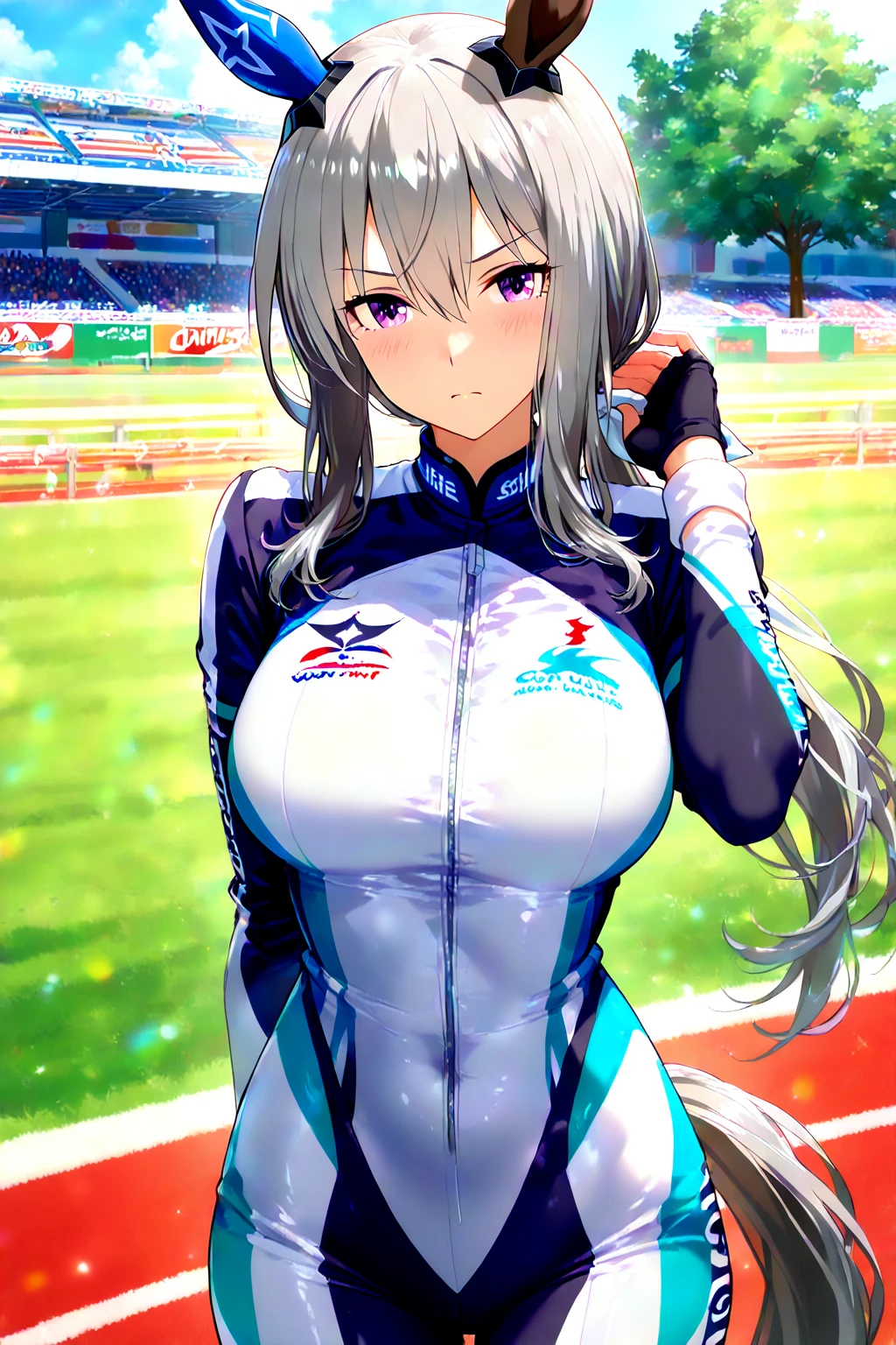 (anime artwork, anime style, studio anime, very detailed, up to date, vibrant, Anime Coloring, high contrast, masterpiece:1.2, best quality, best aesthetics),1 girl, Medium chest,random hair, One eye is hidden by the bangs, perfect proportions, high detail skin, Cute, detailed faces,racetrack,automobile races, precise fingers,curvy,paddock girl, from behind,full body, mini body con