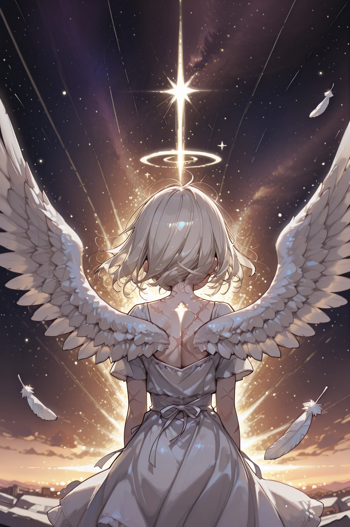 Superb quality , Artistic Masterpiece, perfect detail, Little Angel, platinum blonde hair,  pure white clothes, innocent expression, Angel wings scatter, A scar where the feathers on the back were removed, Particles of Light, Reaching for the sky, Twilight Light,Fantastic Space, god々 atmosphere