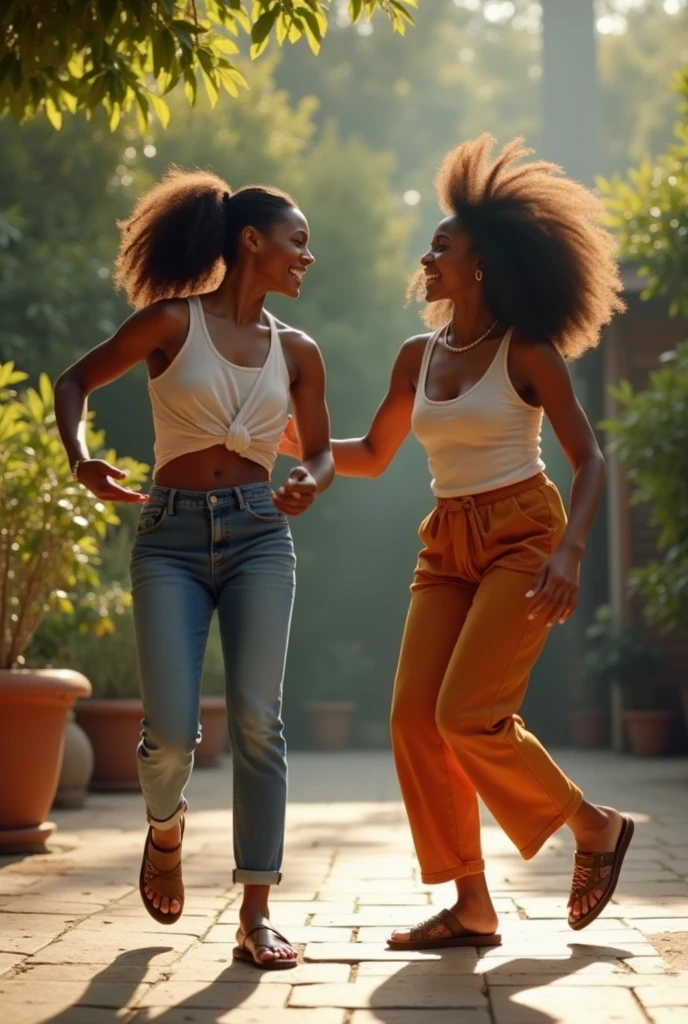  A beautiful African fair in complexion with a long curly full hair teenage girl. Holding a bucket and standing near a tap and another older African teenage girl fair in complexion with a long curly full hair also holding a bucket outside on a sunny afternoon.realistic paint 