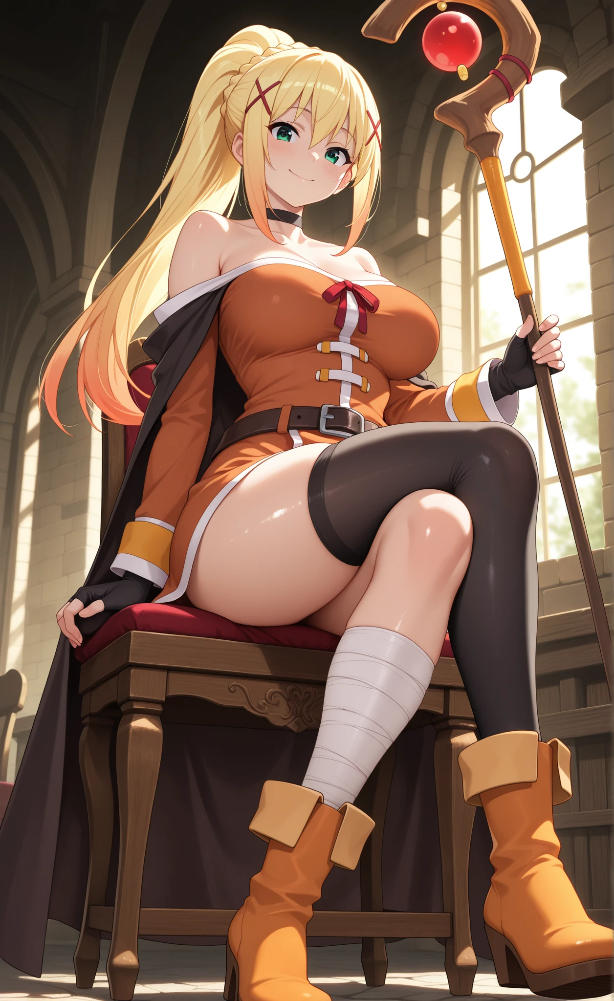 (((masterpiece,high resolution,best quality))), 1girl, solo,wine bottle,bare legs, large breasts, lying, on back, petals, looking at viewer, armpits, open mouth, solo, blush, wet clothes, heart, arms up, wet, bed sheet, origin, 1girl, red cape, boots, gloves, epaulettes, black corset, corset, black gloves, :d, black skirt, Pirotess, (yellow eyes), white hair, silver hair, very long hair, straight hair, solo, adult woman, tall, slightly muscular, large breasted, cleavage, constricted waist, Toned body, slight abs, thin dark skin, pointy ears, lipstick, makeup, black eyeshadow, circlet, white short dress, jewelry, bracelet, white gloves, thigh boots