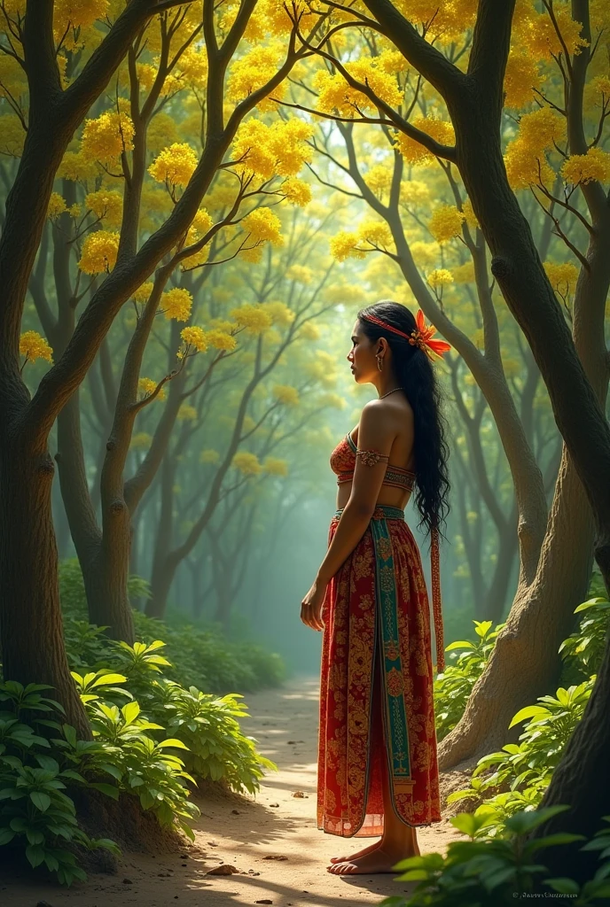 Krishna and radha standing in a tree background blue sky and pond 