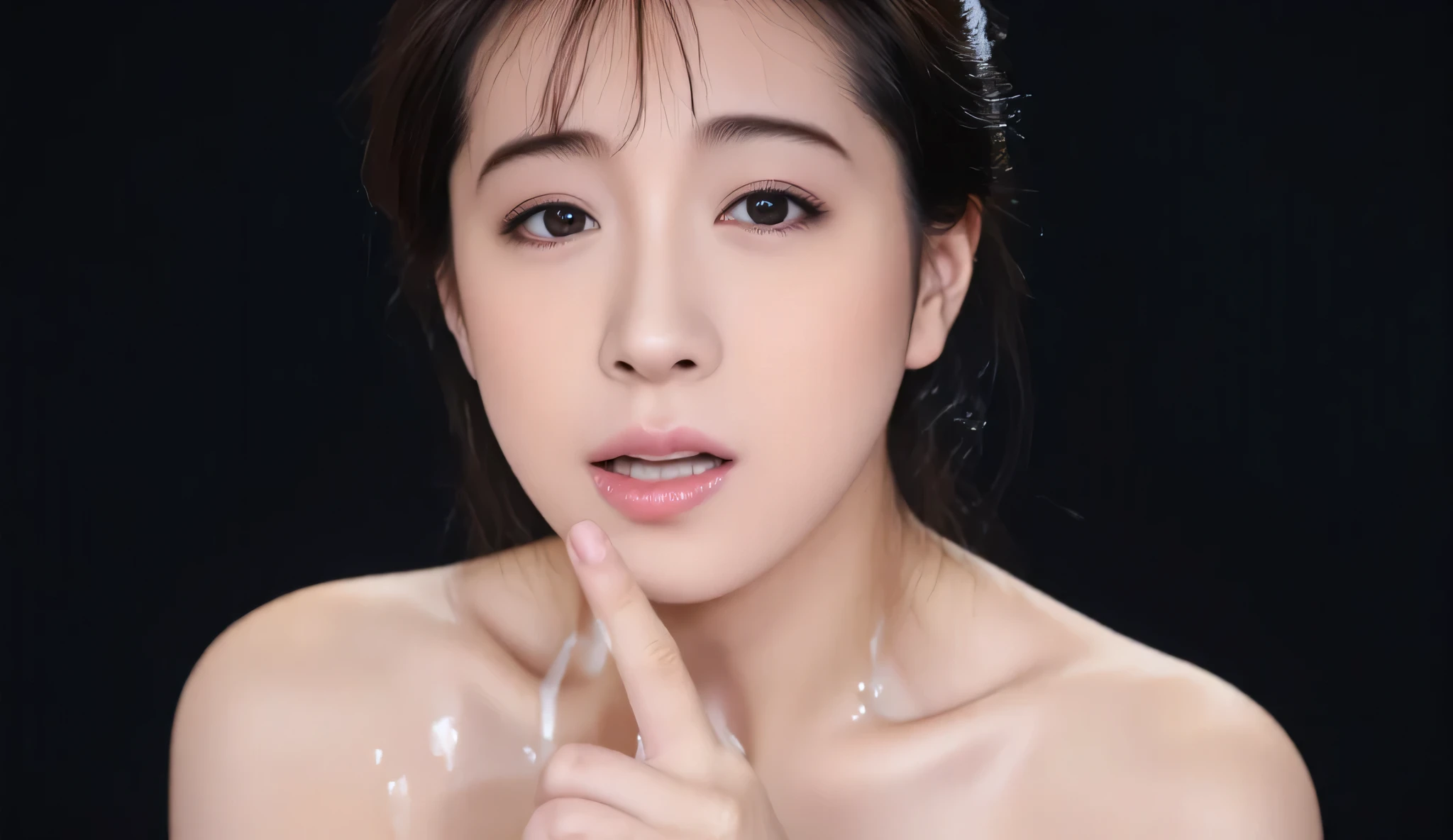 ((nsfw)), A 20 year old Japanese girl. a hot woman, sexy pose, slim body , no bra wearing, hands placed on chest to fill, (naked, dark nipples, pussy,pubic hair), wet skin, black hair ,dark background, 地下室