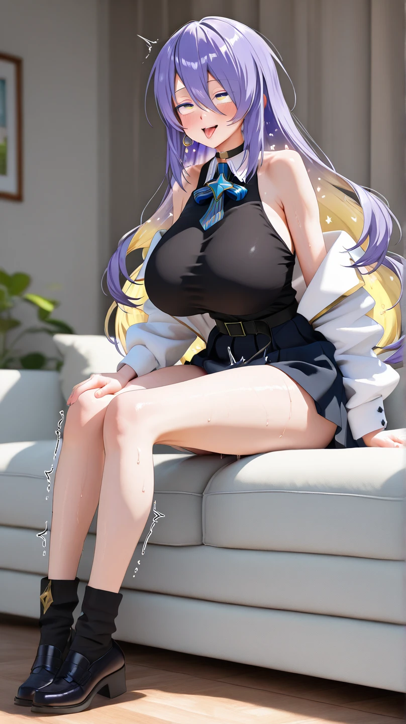 Special_week_(Uma Musume), fudangi, Hair clip, blue jacket, open jacket,Transparent dress, White dress, vitriniar, big breasts, High resolution, Upper part of the body, smile, white backpack, Alone, beast quality