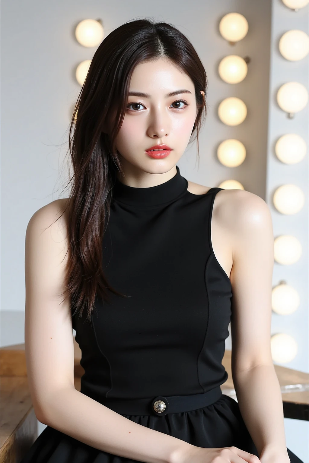 Girls, Bangs, Bare Shoulders, Black Pants, Breasts, Breasts squeezed together, Grey background, Hair between the eyes, Huge breasts, Long hair, View Viewer, Pants, Parted lips, Red eyes, Shirt, Simple background, Sleeveless, Sleeveless shirt, Solo, Turtleneck, V arm, White hair,(Shiny skin),(Masterpiece:1.4),(Best quality:1.4),,Facigirl,Red lips,Perfect abs, belly button, (nipple: 1.5), (sheer areola), nipple, huge, sweat,