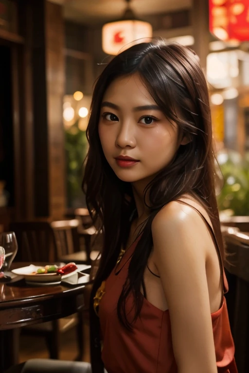 Eatting noodles with Chopsticks , a beautiful mixed girl, beautiful detailed face, perfect hands and feet, long red wavy hair, backlighting, delicate nose, lush detailed lips, black classy dress, eating fire noodles, (best quality,8k,highres,masterpiece:1.2),ultra-detailed,(realistic,photorealistic:1.37),portrait,vivid colors,bokeh