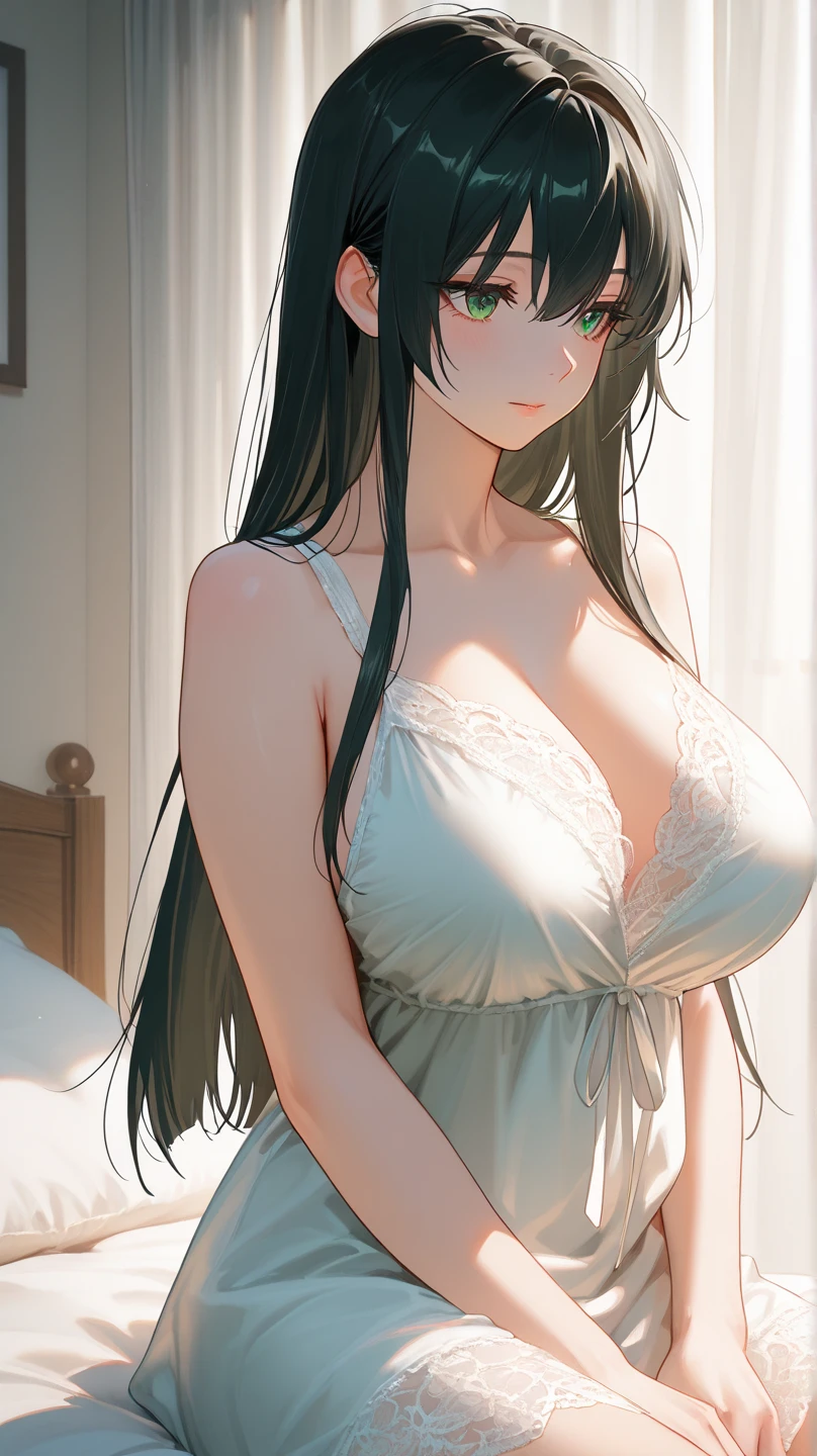 (top quality, masterpiece, high quality, ultra-delicate), ((beautiful girl)), ((Dark black hair)), mature, graceful curves, (long hair, long bangs), ((bright green eyes)), detailed eyes,, bangs, fashionable clothing, large breast and chest, charm, fashion, small blush, thick thighs, breast, green earrings, laying on a bed, with a blanket over her body, cleavage.