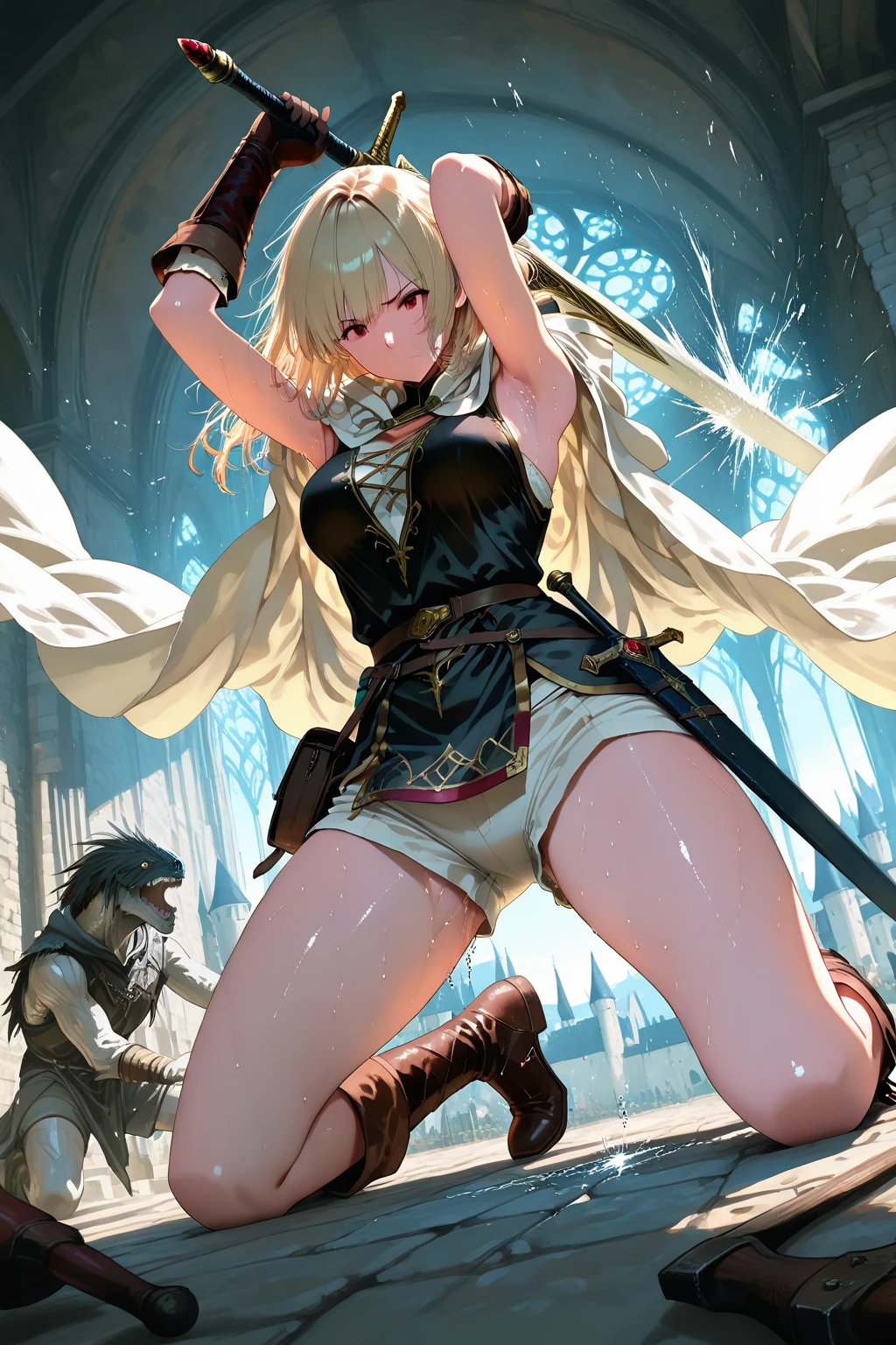 Ultra realistic 14 year old girl,    cos  , long blonde hair with braided bangs , medieval samurai armor , katanas,  flat breasts , garterbelt long socks , menacing face , sensuous  ,  Dungeonpunk  .