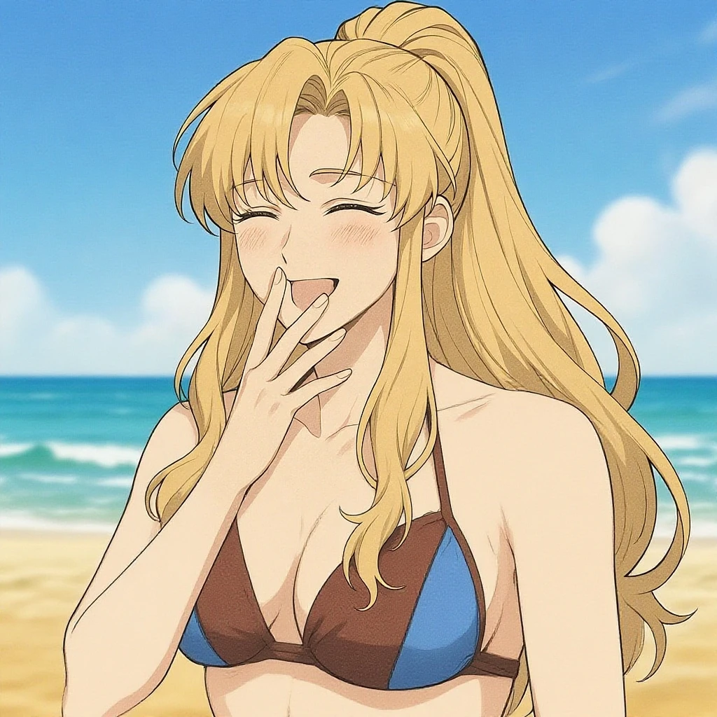 Marller, 1girl, solo, smile, fangs, small breasts, sitting on beach, drinking beer mug, blue bikini, blushing, long hair, beach, in water, ocean, sunny, perfect quality, good quality, masterpiece, HDR, UHD<lora:Marller:0.8>