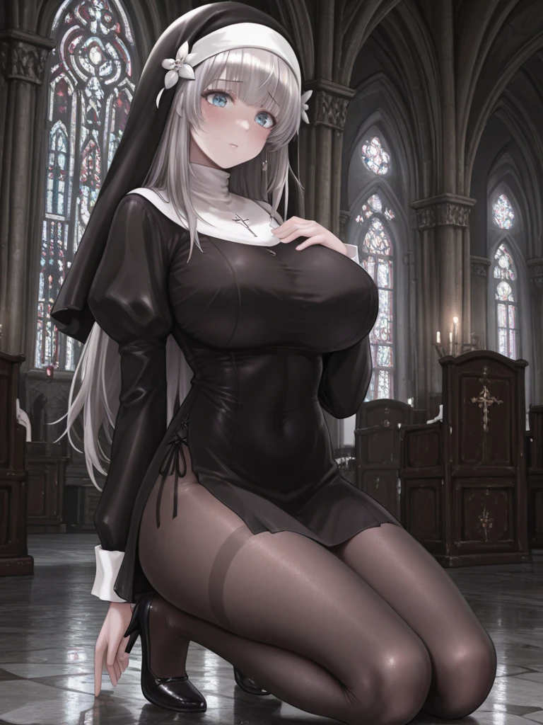 1girl, winking, sitting, church bench, spreading legs, white panties, cameltoe, pantyhose, gorgeous woman, beautiful, perfect eyes, gentle eyes, sexy smile, white hair, long hair, parted bangs, blue eyes, large breasts, nun, nun clothes, nun hat, church, masterpiece quality, ultra HD, 4K, best quality
