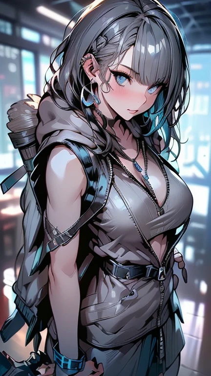 Huge tanks、Long sideburns、Anime-style girl with beautiful whole body, Little Girl,clean detailed faces, ciber,analogous colors, Glowing shadows, beautiful gradients, depth of fields, CLEAN IMAGE, High quality,Black Parker Clothing、 high detailing, High Definition, blush, Fit, Heavenly Beauty, Very detailed, Soft lighting, Full body,Green＆Black hair,Green eyes、Overhead view、look down from above、In heavy rain、Wide Shot、Very Wide Shot