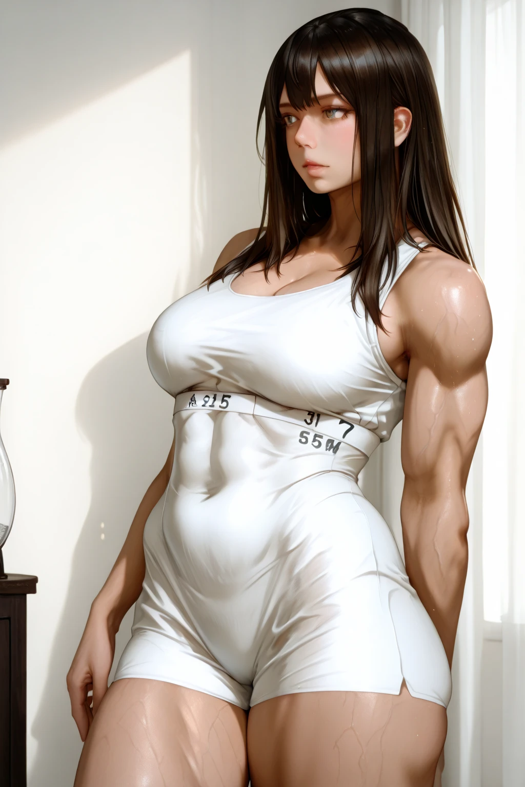 Masterpiece, Professional, High Definition - quality, sharp focus, perfect artwork, Best Illustration, trending on artstation, UHD, 4k, full body, NSFW
Arafed female bodybuilde posing in a gym, fitness model, female and defined, Aleksandra Waliszewska, big chest and very large nipple, defined physique, thin waist, gorgeous face, displaying crotch, girl with huge breasts wearing , see-through wet , smiling , soil ,