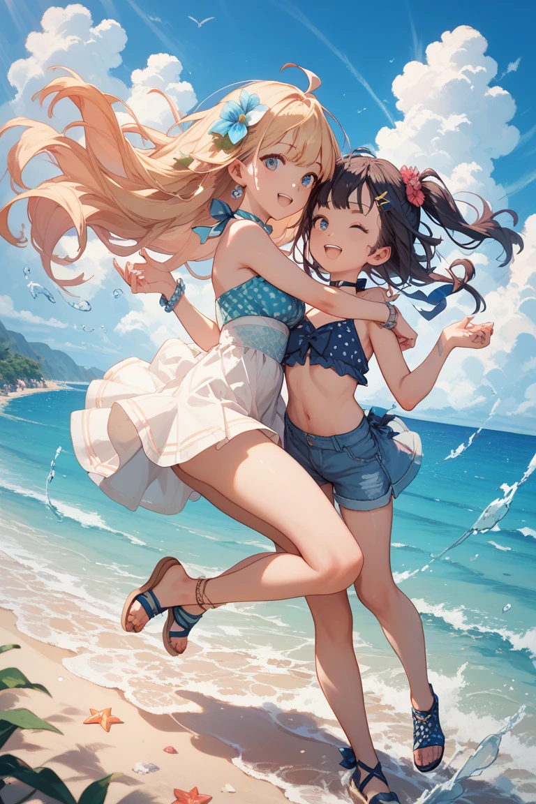 Highest quality, masterpiece, Blonde,Dark blue eyes,Twin tails,Double exposure, The best smile, Excited, Swimwear, Ocean,Ocean水浴, sunlight