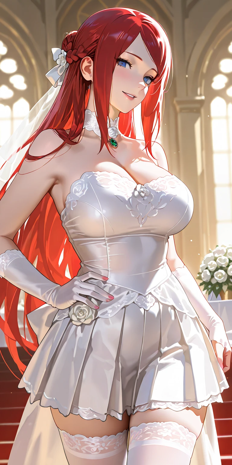 1girl, masterpiece, highres, sonicedges_rias_gremory,long red hair, ((wedding dress, room, bridal lingerie, wedding theme))