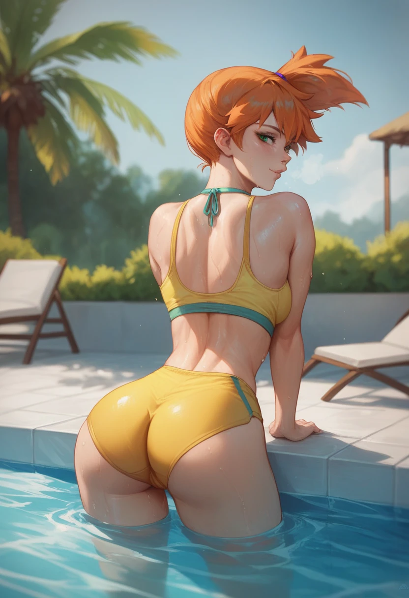 High quality very detailed clean image
1woman, milf, elf, citizen, crimson red hair tied in a ponytail with a pale white beautiful reibbon, 50 years old milf, fair skin, light blue green eyes, thin lips, medium big breasts, big butt, short pinted ears with tiny orange gems, kind smile, joy, dark blue square glasses, doing fitness, doing workout, pale yellow one piece leotard, beautiful legs, pink sport shoes, light green socks, little sweating, viking stailed modern house, viking stailed modern living room, windows, snow streets throught windows, pale orange floor