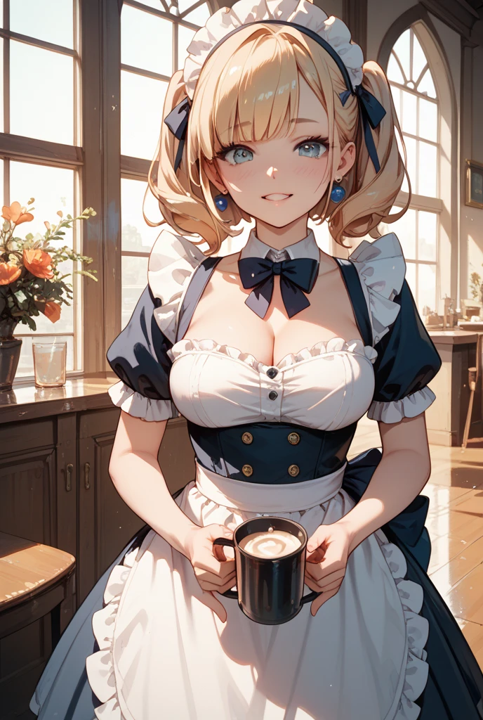1girl, natural lighting, masterpiece, highly detailed, illustration, game CG, absurdres, high quality, beautiful detailed eyes, glossy lips, natural lighting, medium breasts, blonde hair, low twintails, bangs, hair between eyes, arisa ayase, aahiyori, maid, short puffy sleeves, white thigh highs, small maid apron, short hair, choker, collarbone, cleavage