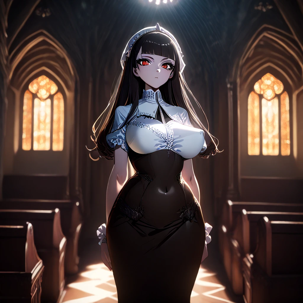 (1girl), himejima_akeno, black hair, ponytail, ((very long hair)), ribbon,), huge tits, purple Flowers, in a wedding dress, church