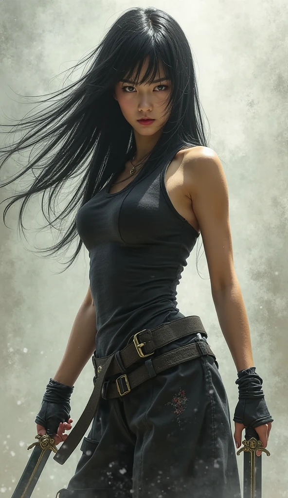 Beautiful woman, medium dark long hair, black sunglasses, jeans, 1 belt, just one body, in the ruins, front view