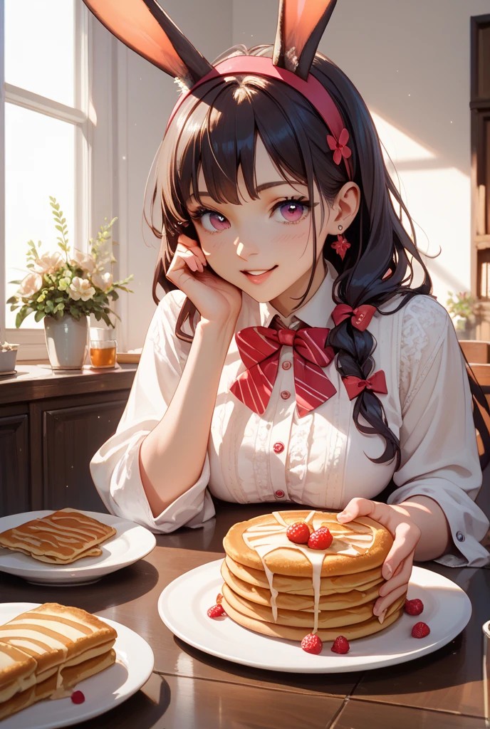 beautiful cute young lady is holding plates that pancakes on them as a waitress, 1girl, smile, food, gloves, apron, solo, holding, red gloves, hat, open mouth, :d, blurry background, brown hair, flower, looking at viewer, blurry, shirt, hair ornament, white headwear, black shirt, short sleeves, blush, pancake, hair flower, plate, bangs, blue eyes, (best quality,4k,8k,highres,masterpiece:1.2),ultra-detailed,(realistic,photorealistic,photo-realistic:1.37),,