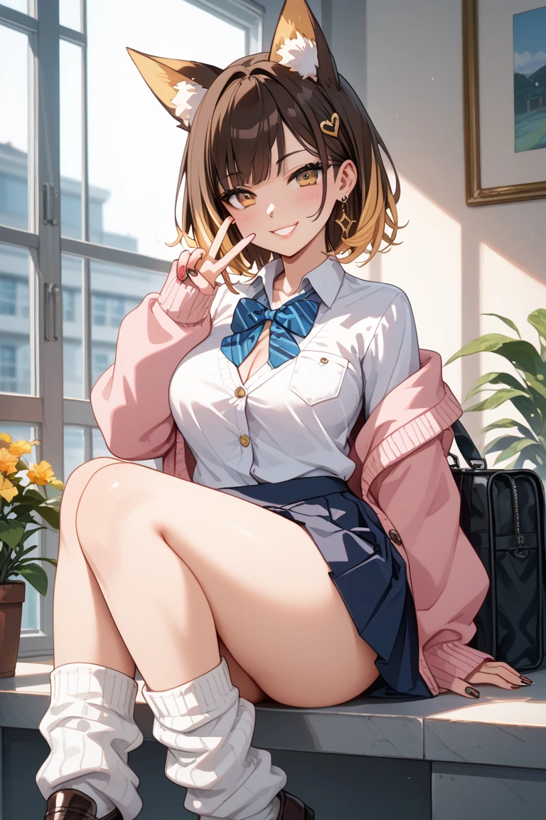 ((masutepiece, Best Quality, hight resolution, nffsw, Perfect Pixel,  4K, nffsw, nffsw))), 1girl in, Single, Solo, Beautie、full body seen、 ((Middle Wave Hair, Bangs, Brown hair)), ((Brown-eyed, Beautiful eyelashes, Realistic eyes)), ((Detailed face, Blushing:1.2)), ((Smooth texture:0.75, Realistic texture:0.65, Photorealistic:1.1, Anime CG style)), medium breasts, Dynamic Angle, Perfect body,  ((red bowtie, School uniform, Black jacket, Open jacket, Brown cardigan, White shirt, Black skirt, plaid skirts、I'm not wearing shoes、White Sox)), Classrooms without people、Sit on a desk、Lower&#39;I took my foot off the desk...............、early evening、、((Angle looking up from below))、Very embarrassing panic smile、(Lift the skirt with your right hand、Open both legs、Light pink floral lace panties)、