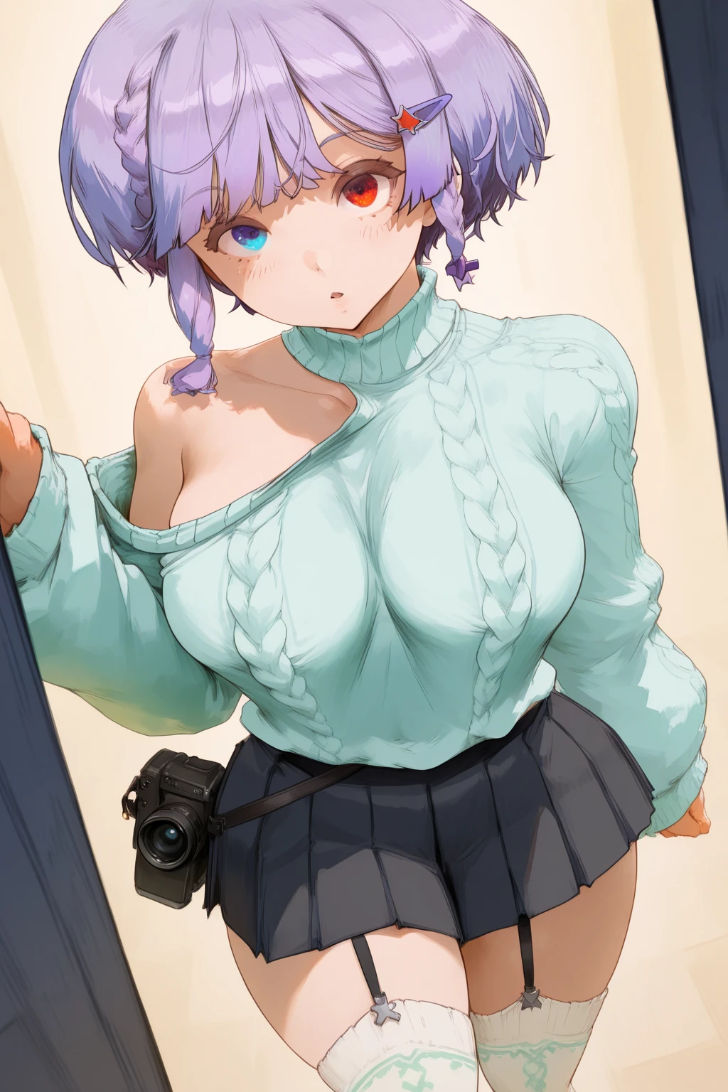 18 year old girl, short purple hair, big sad eyes, sweet smile, flat chest, choker collar, heavy bracelets, nude, naked, pubic hair, standing, open door, open window, book store, books, evening, nighttime, dramatic lighting, cinematic lighting, masterpiece, best quality