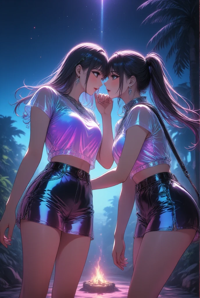 Best quality,Amazing,Masterpiece,Delicate,超高分辨率,Ultra detailed,intricately details,Beautiful detailed,8K resolution,(Extremely detailed Cg Unity 8K wallpaper),Sharp focus,((No text)),breast conscious,Huge bare breasts,Areola bareness,Bare breasts explode,Lively bare breasts,Bare breasts,Highly transparent moist blush miniature bikini,Highly transparent moist blush miniature bikini,Tongue stock,Makeup,cheerfulness,Reflectors,ahegao,Pink eyes,Heart earrings,2girls,Female pervert,view the viewer,hair flower,Long hair,multicolored hair,Shiny hair,Barefoot,Bottomless,Thick thighs,Bare legs,Look at each other from the front、((Feminine kiss))、(((French kiss for women)))、Women hugging each other,As if pushing each other、Staring at each other、Moist eyes、half-open lips、Beautiful、Red blush(0.2)、Lustful、seductiv、Trance、instigate、Beauty、bustup、Shunguang、、Shoot diagonally down from the front、precise drawing、Detailed drawing、Precise anatomy、