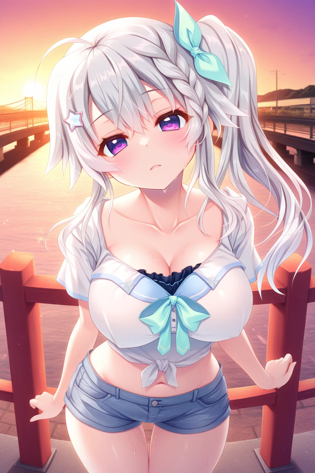 Big Breasts:1.2、、Highest quality、Very detailed、Highly realistic eye masterpiece、Highest quality、Very detailed、Gray Hair、Perfect Face、Long Hair、White negligee、anime、countryside、shake
