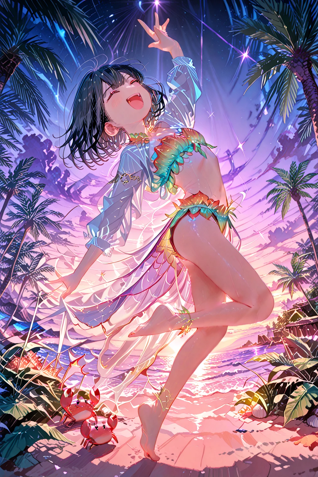Drawn in 8K ultra-high resolution、Tropical beaches of the near future Japan。In the center of the screen is the、There is a pair of energetic young women。They're short cuts with black hair.、Blue and green hologram colors shine。

Their bikinis are、Design that mixes the modern and the future。One is、Blue bikini with wave pattern swaying with movement。The other is、Green Bikini、Reflects the movement of tropical leaves in real time。At the foot、Reflects the white-sand beach、Futuristic flip flops that look as if they are transparent。

They、I hold an AI-controlled hologram surfboard in my hand。It changes color and shape according to their movements.、Recreate the experience of riding a wave。

Spreading behind、White sand beach and blue sea、And a palm tree-lined avenue in the distance。Each palm tree is、It stores solar energy and glows quietly at night。

Along the beach、There are stalls and bars using holographic technology.、a person々is enjoying。Here、You can try the latest VR diving experience、You can taste the tropical gastronomy provided by AI。Live music、And the sound of digital wind chimes swaying in the wind、It further highlights the tropical beach life of the near future.。