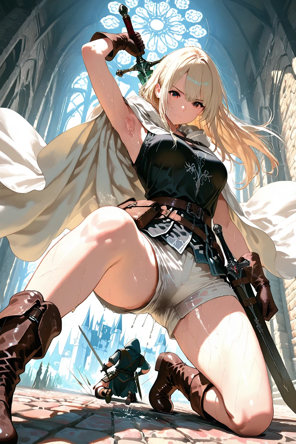 Ultra-high definition image quality、beautiful girl、Female Swordsman、Light Armor、Griepputz、Long Hair、blonde、20-year-old、Be confident々face、Very short tight skirt、Sexy posture、Cowgirl、wilderness、Highest quality,Big Ass、Big Breasts、Thighs、Grasping the hilt of the holy sword Excalibur、pure white, Exquisitely decorated panties、Take a big stride and kick your feet out to jump、Joan of Arc style clothing、Wind King Barrier、Her hair is blowing in the wind、The Sword of Promised Victory、god々I'm wearing a new aura、Big Ass、Valkyrie the War Maiden、Crotch close-up、Angle from directly below