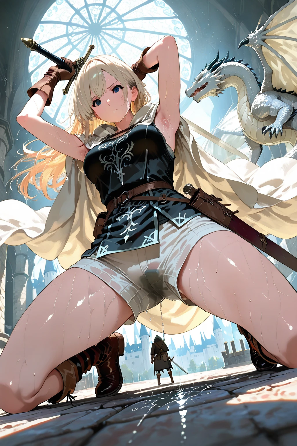 Ultra-high definition image quality、beautiful girl、Female Swordsman、Light Armor、Greeboots、Long Hair、blonde、20-year-old、Be confident々face、Very short tight skirt、Sexy posture、Cowgirl、wilderness、Highest quality,Big Ass、Big Breasts、Thighs、Holy Sword Excalibur、pure white, Richly decorated panties、Her hair is fluttering in the wind、Big Ass、Valkyrie the War Maiden、Crotch close-up、Angle from directly below、Squat with your legs apart、Squat with your legs apart、Shift panties and insert penis、Sex、Cowgirl、Inserting a penis into the vagina、感じているface、blush、Intense hip piston、Amazingly swaying breasts、Raped by Goblins、Goblin's penis、ゴブリンとSex