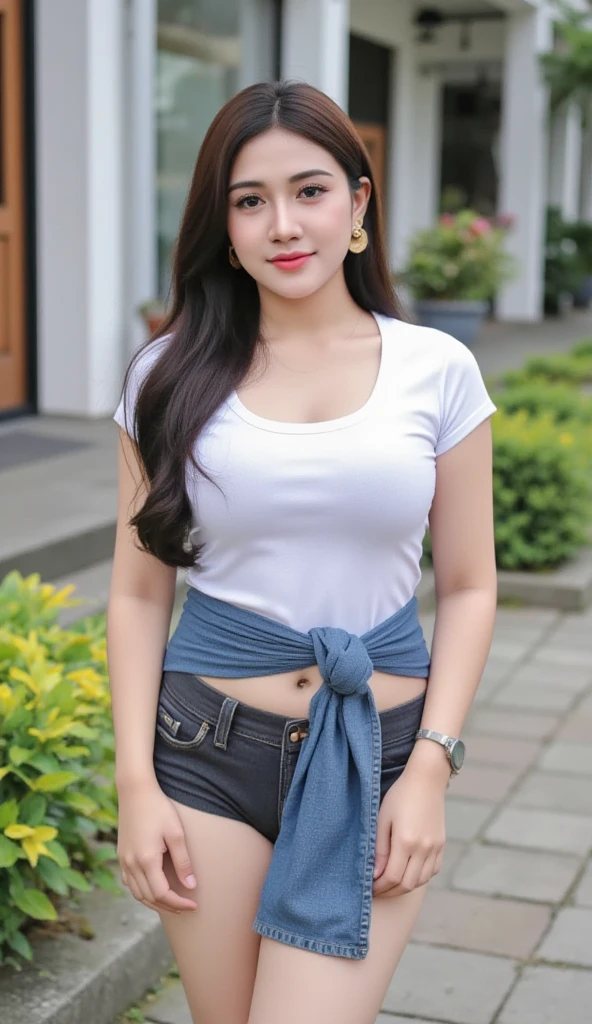 close-up of beautiful Vietnam, Trần Mai Hương is a Vietnam model and actress, age 20 years old girl, youthful face, perfect body, white body skin, very rapunzel long hair, standard black hair, straight hair, 36 inches breasts size, wearing a plain standard light white long sleeved t-shirt, wearing a tight camouflage mini short leggings, Hương's clothes were cut off by male soldiers using scissors from the t-shirt to the tube top to make Hương sigh and tease, strand by strand Hương's clothes fell because they had been cut, the rest of Hương's clothes were scattered at the bottom because they had been cut, Hương's clothes showed off her breasts because they were cut off by male soldiers so that they looked more sexy and seductive, ((Hương's clothes were cut by the male soldiers from a t-shirt to a tube top in front of the male soldiers)), ((the male soldiers watched as Hương's clothes were cut to become very sexy and seductive)), sexy looking pose, pose a naughty look, pose looks seductive, at the military training camp, military training camp background, UHD