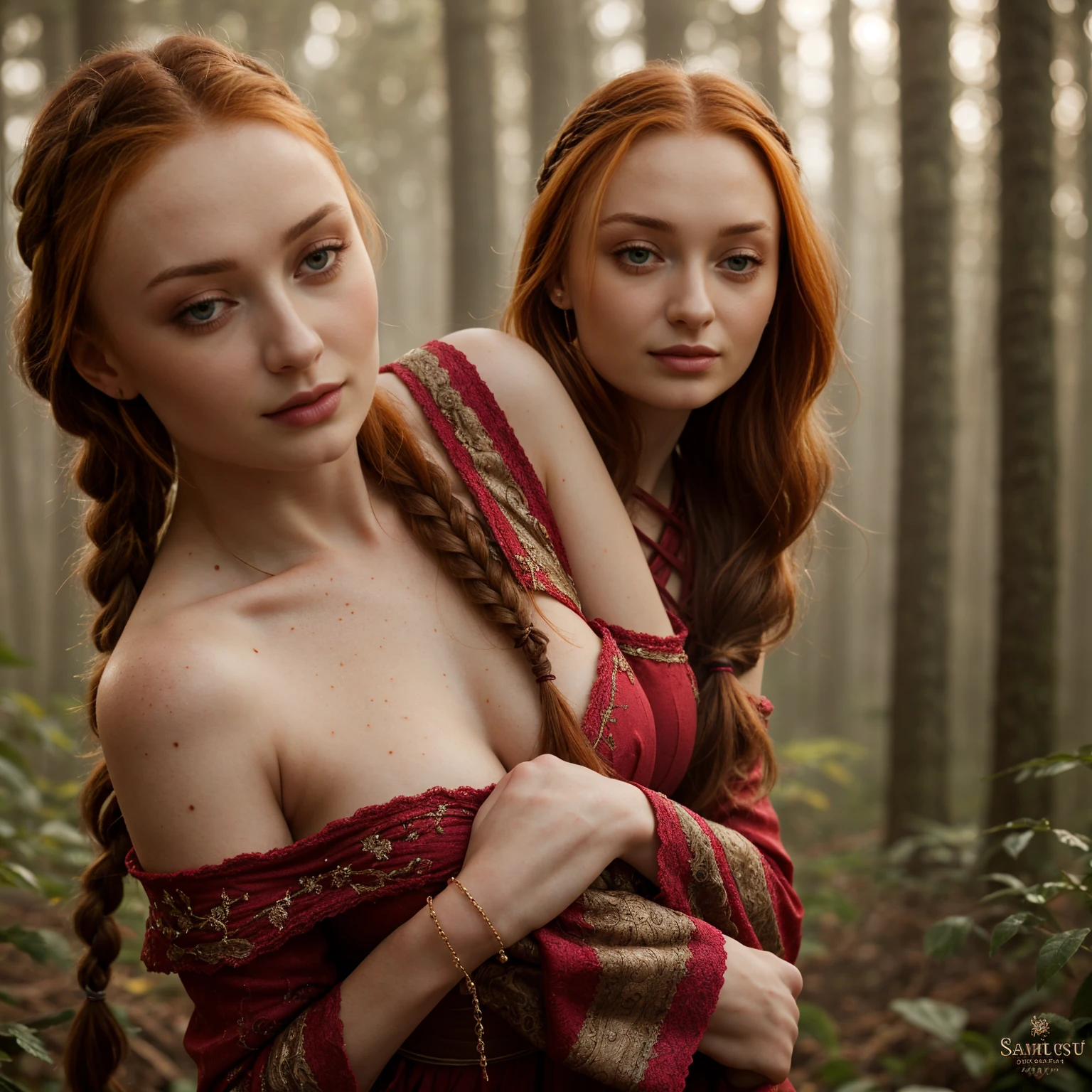2 Jeunes femmes de 25 ans, calin, embracing each other, visage fin, cheveux long, tresses viking, red hairs, blonde, yeux bleus, tâches de rousseur sur tout le corps, HD, 8K, masterpiece, sourire romantique, topless, viking tattoo, celtic tattoo, sous la pluie, sexy, guerrière viking, celtic tattoo, viking chest tattoo, dans une grotte, sous une cascade, sous la pluie,