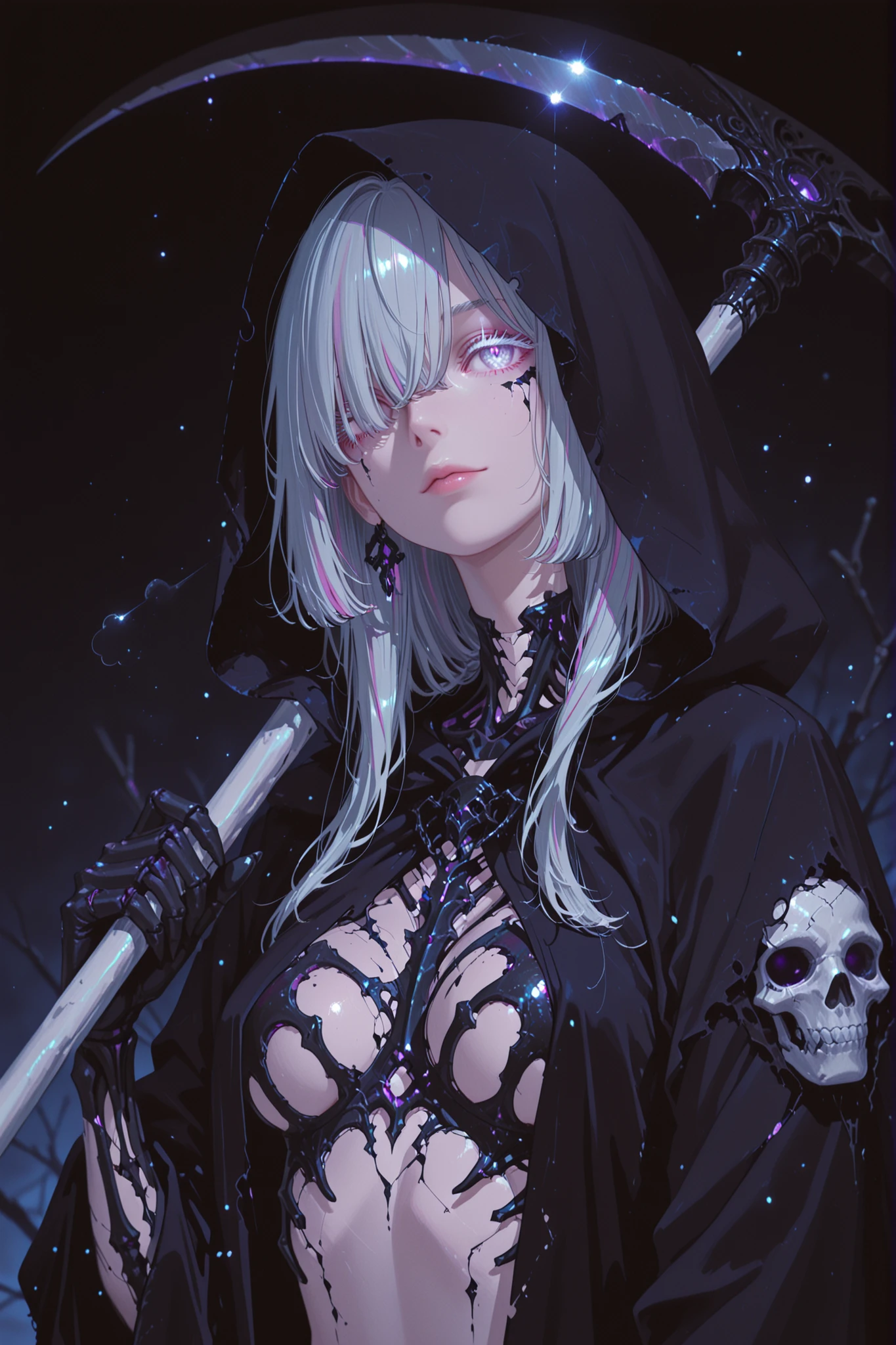 anime, beautiful woman, mid-torso composition, grim reaper theme, dark fantasy, skeletal hands, bone-shaped bra, holding scythe over shoulder with one hand, black hooded cloak, hair covering one eye, short silver hair, silver eyes, soft glowing eyelashes, realistic skin texture, glossy highlights on skin, dark blurred background, dramatic lighting, shadow accents, faint particles in air, (Sensual eyes, feature double highlights), real lip, 8k, UHD, masterpiece, (high quality), best quality, absurdres, ultra detailed
