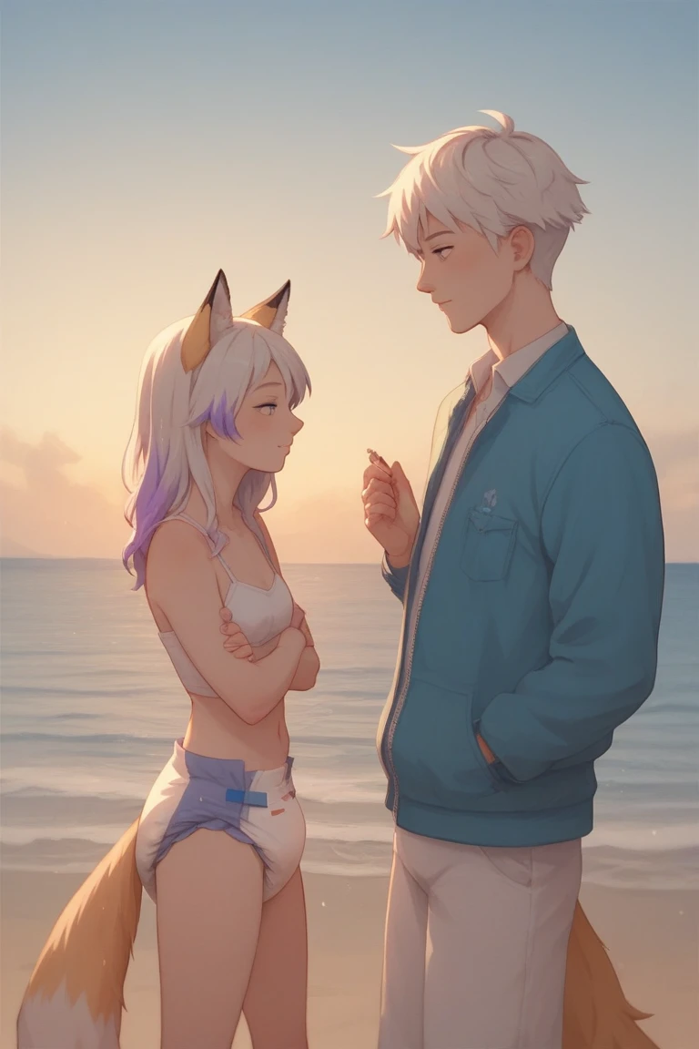 Masterpiece, anime, anime style, Kami-sama ni Natta Hi art style, greatest anatomy, detailed anatomy, duo, two people, a boy and a girl.
a boy yellow hair, blue eyes, wear beach shirt, and white pants.
a girl light gray hair and eyes, bob hair style, black catgirl ears and pink inside, d cup tits size, wear black bra and panties and transparent shirt.
They standing at beach.